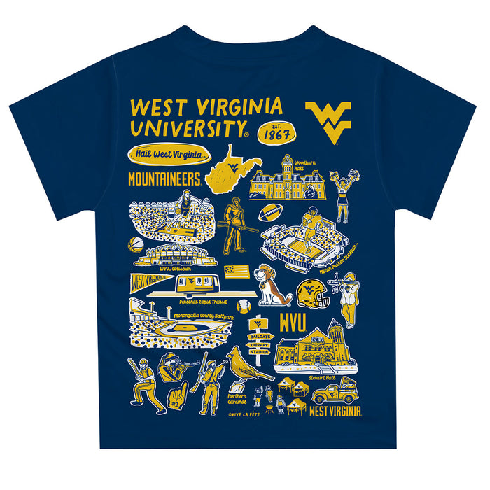 West Virginia University Mountaineers Hand Sketched Vive La Fete Impressions Artwork Boys Navy Short Sleeve Tee Shirt