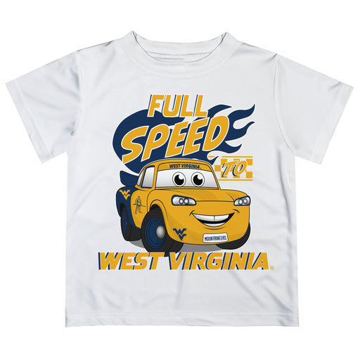 West Virginia University Mountaineers Vive La Fete Toy Racing Car Boys Game Day White Short Sleeve Tee