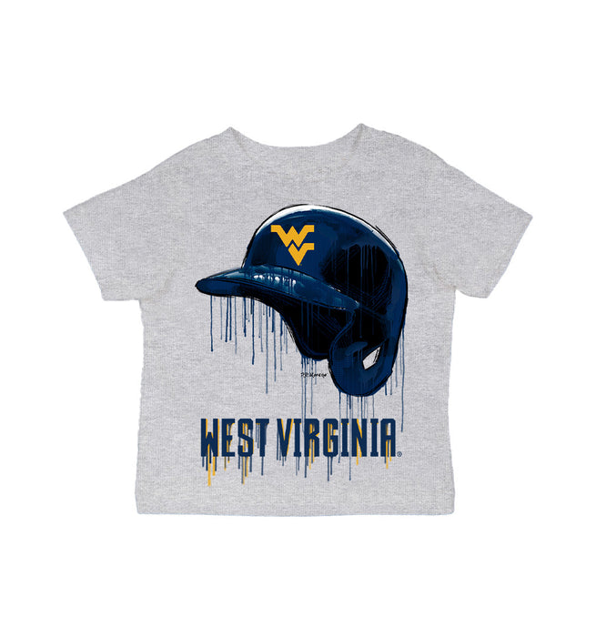 West Virginia University Mountaineers Original Dripping Baseball Helmet Grey Cotton T-Shirt  by Vive La Fete