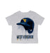 West Virginia University Mountaineers Original Dripping Baseball Helmet Grey Cotton T-Shirt  by Vive La Fete