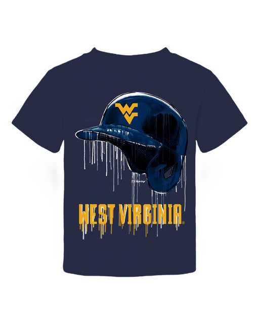 West Virginia University Mountaineers Original Dripping Baseball Helmet Navy T-Shirt Cotton by Vive La Fete