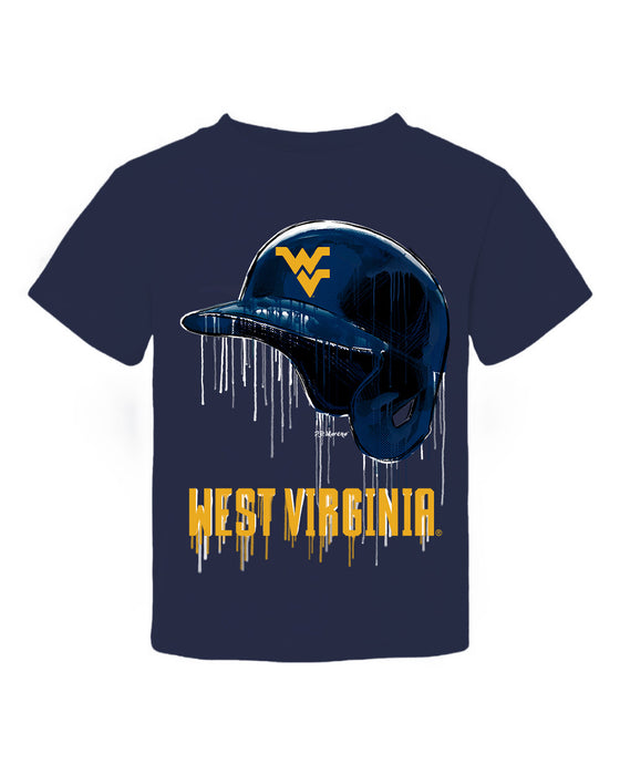 West Virginia University Mountaineers Original Dripping Baseball Helmet Navy T-Shirt Cotton by Vive La Fete