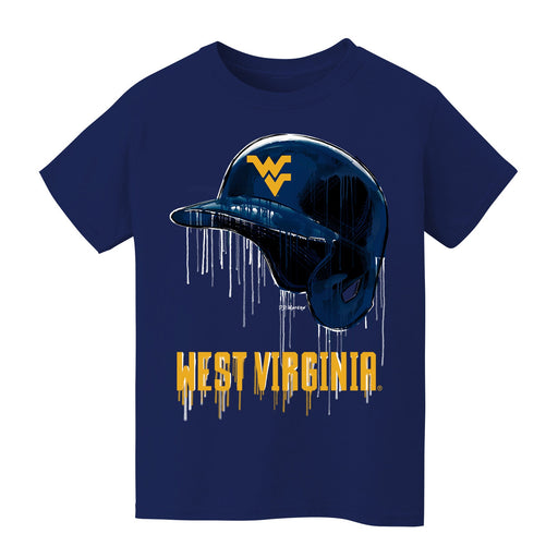 West Virginia University Mountaineers Original Dripping Baseball Helmet Navy T-Shirt Cotton by Vive La Fete