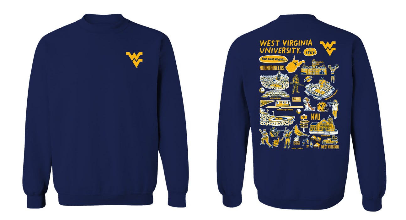 West Virginia Mountaineers Hand Sketched Vive La Fete Impressions Artwork Navy Crew Neck Sweatshirt for Women - Vive La Fête - Online Apparel Store