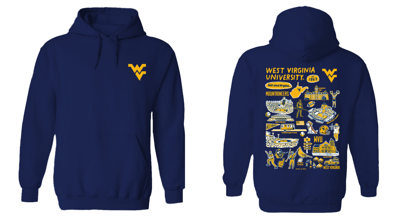 West Virginia Mountaineers Hand Sketched Vive La Fete Impressions Artwork Navy Cotton Fleece Long Sleeve Hoodie - Vive La Fête - Online Apparel Store