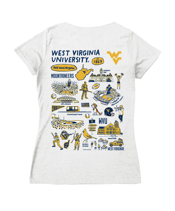 West Virginia Mountaineers Hand Sketched Vive La Fete Impressions Artwork Navy Women Cotton Short Sleeve V-Neck Tshirt