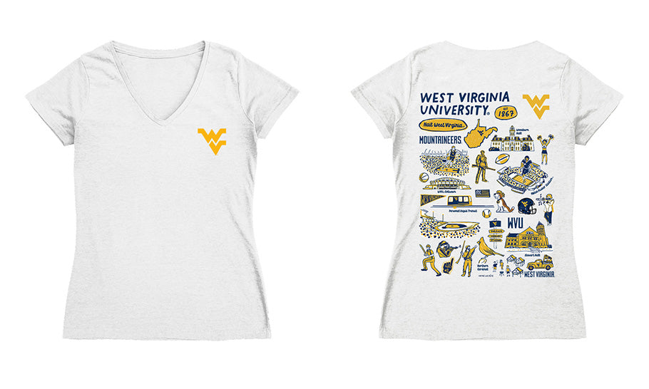 West Virginia Mountaineers Hand Sketched Vive La Fete Impressions Artwork Navy Women Cotton Short Sleeve V-Neck Tshirt