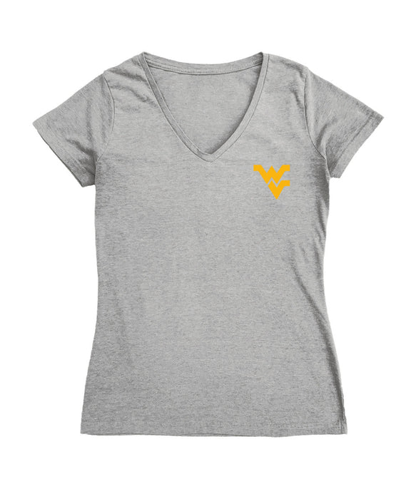 West Virginia Mountaineers Hand Sketched Vive La Fete Impressions Artwork Grey Women Cotton Short Sleeve V-Neck Tshirt