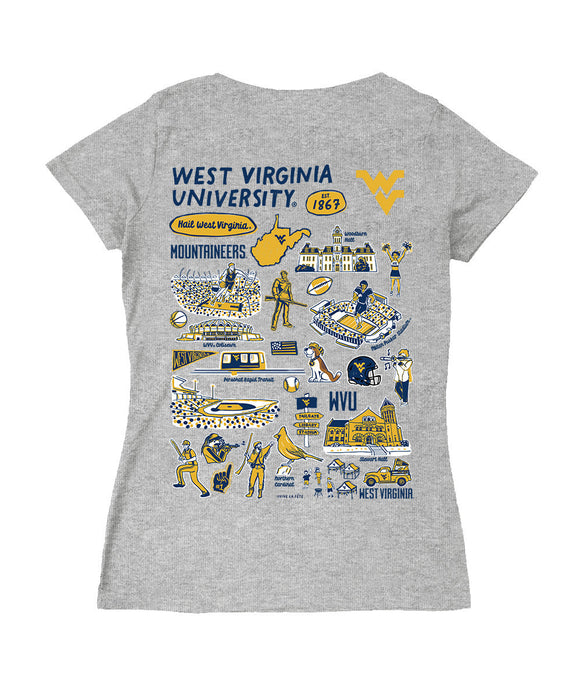 West Virginia Mountaineers Hand Sketched Vive La Fete Impressions Artwork Navy Women Cotton Short Sleeve V-Neck Tshirt