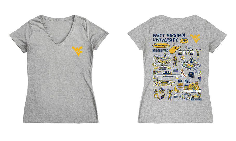 West Virginia Mountaineers Hand Sketched Vive La Fete Impressions Artwork Navy Women Cotton Short Sleeve V-Neck Tshirt