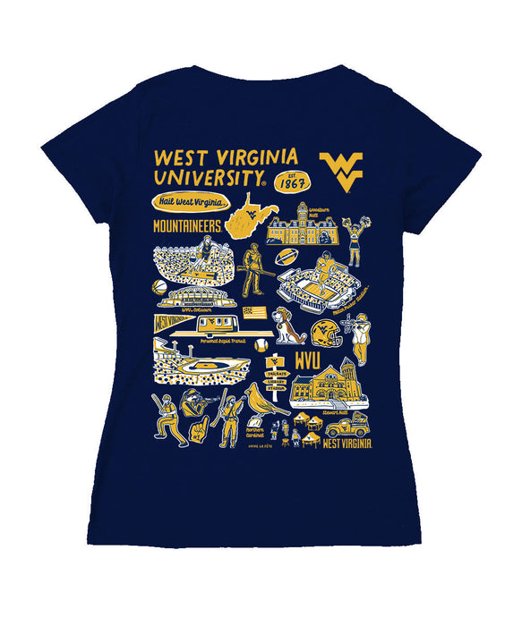 West Virginia Mountaineers Hand Sketched Vive La Fete Impressions Artwork Navy Women Cotton Short Sleeve V-Neck Tshirt