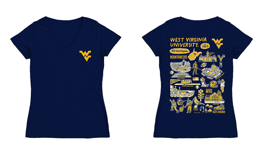 West Virginia Mountaineers Hand Sketched Vive La Fete Impressions Artwork Navy Women Cotton Short Sleeve V-Neck Tshirt