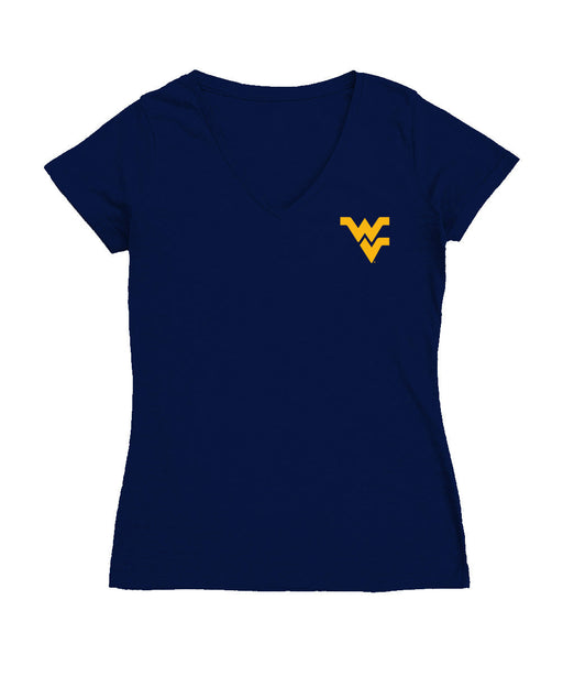 West Virginia Mountaineers Hand Sketched Vive La Fete Impressions Artwork Navy Women Cotton Short Sleeve V-Neck Tshirt
