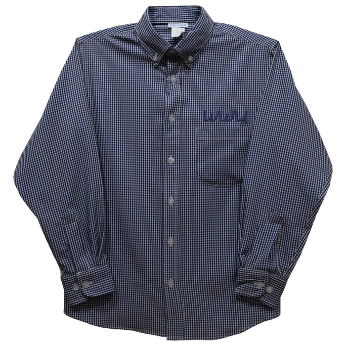 Western Washington Vikings Embroidered Navy Gingham Long Sleeve Button Down