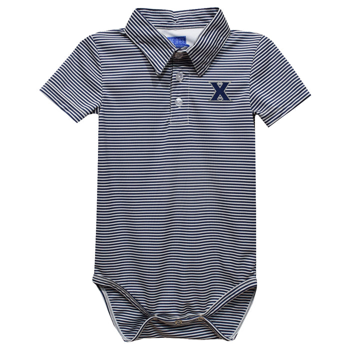 Xavier University Musketeers Embroidered Navy Stripe Knit Polo Bodysuit