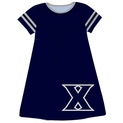 Xavier University Musketeers Vive La Fete Girls Game Day Short Sleeve Blue A-Line Dress with large Logo
