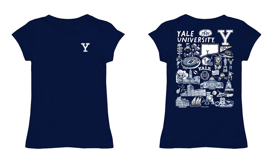 Yale University Bulldogs Hand Sketched Vive La Fete Impressions Artwork Navy Girls Cotton Short Sleeve Tee - Vive La Fête - Online Apparel Store