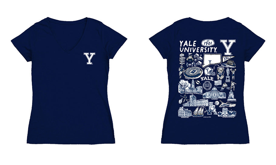 Yale University Bulldogs Hand Sketched Vive La Fete Impressions Artwork Navy Women Cotton Short Sleeve V-Neck Tshirt