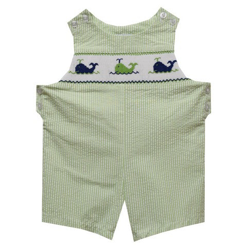 Whales Smocked Green Stripe Seersucker Boys Shortall