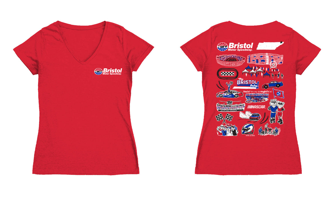 NASCAR Bristol Women's V-neck Fitted Cotton T-Shirt Red - Vive La Fête - Online Apparel Store