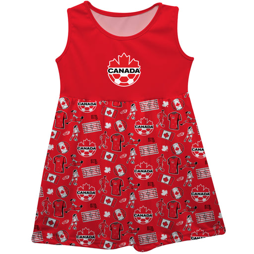 Canadá Soccer Repeat Print Hand Sketched Impressions Artwork Red Sleeveless Tank Dress