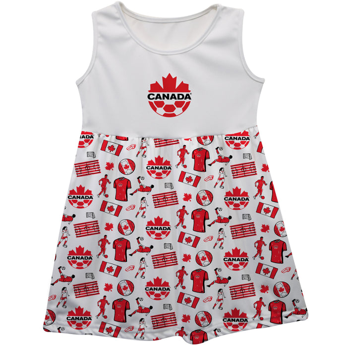 Canadá Soccer Repeat Print Hand Sketched Impressions Artwork White Sleeveless Tank Dress