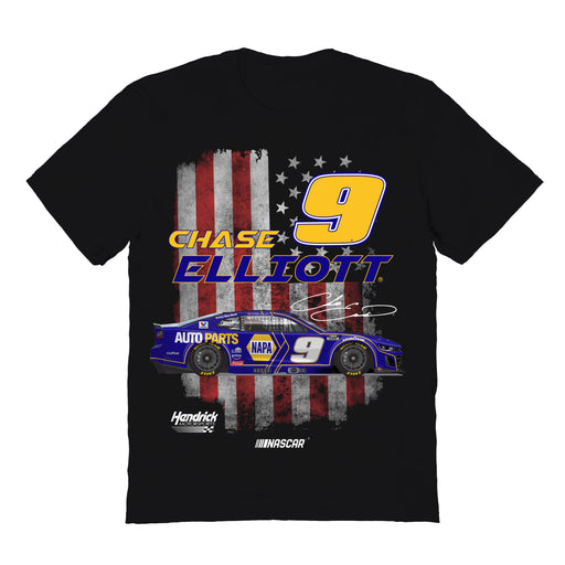 Chase Elliott NASCAR American Flag Cotton T-Shirt - Black