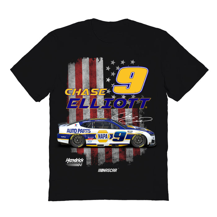 Chase Elliott NASCAR American Flag Cotton T-Shirt - Black