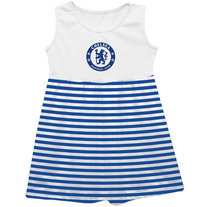 Chelsea FC Girls White Sleeveless Tank Dress Navy Stripes on Skirt