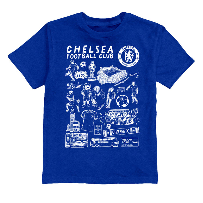 Chelsea FC Impressions Artwork Boys Blue Cotton Short Sleeve Tee