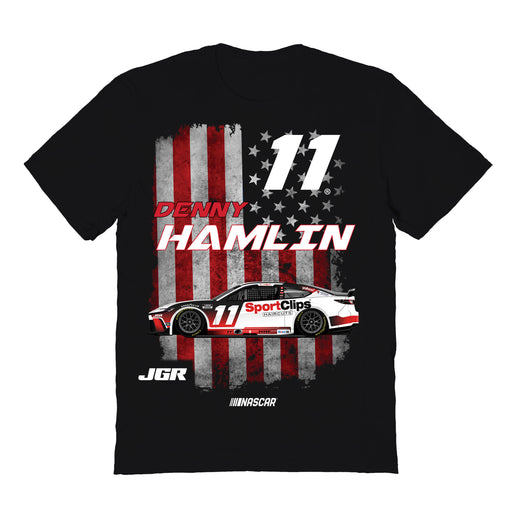 Denny Hamlin NASCAR American Flag Cotton T-Shirt - Black