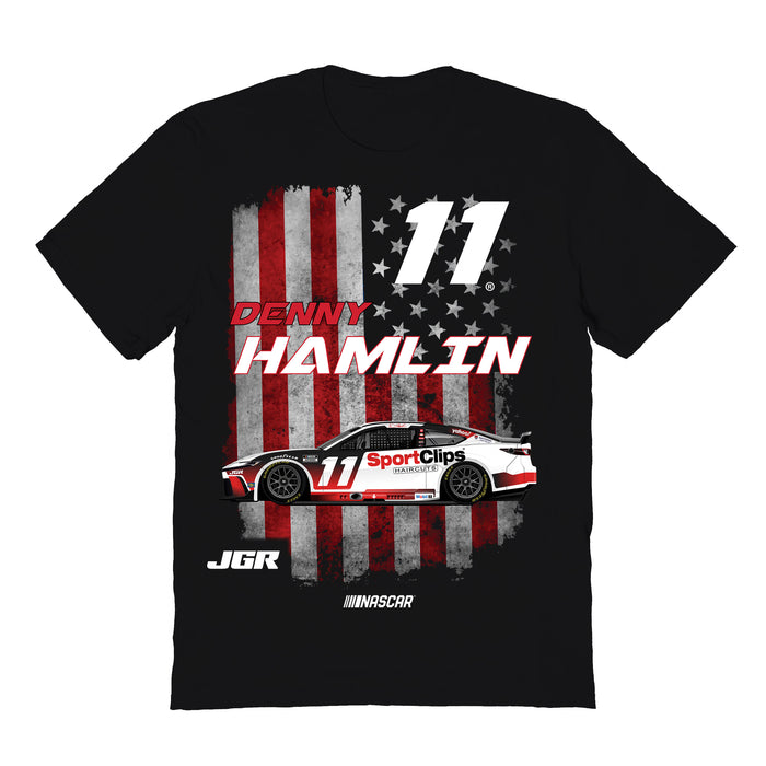 Denny Hamlin NASCAR American Flag Cotton T-Shirt - Black