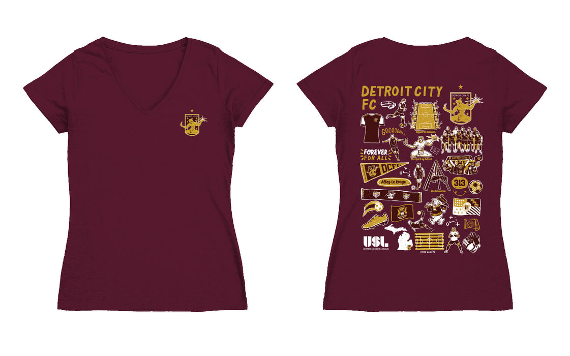 Detroit City FC Women's V-neck Fitted Maroon Cotton T-Shirt - Vive La Fête - Online Apparel Store