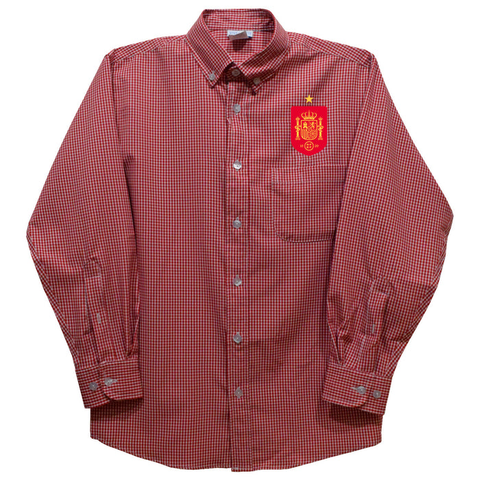Spain National Team Vive La Fete Gingham Button Down Long Sleeve Shirt - Red