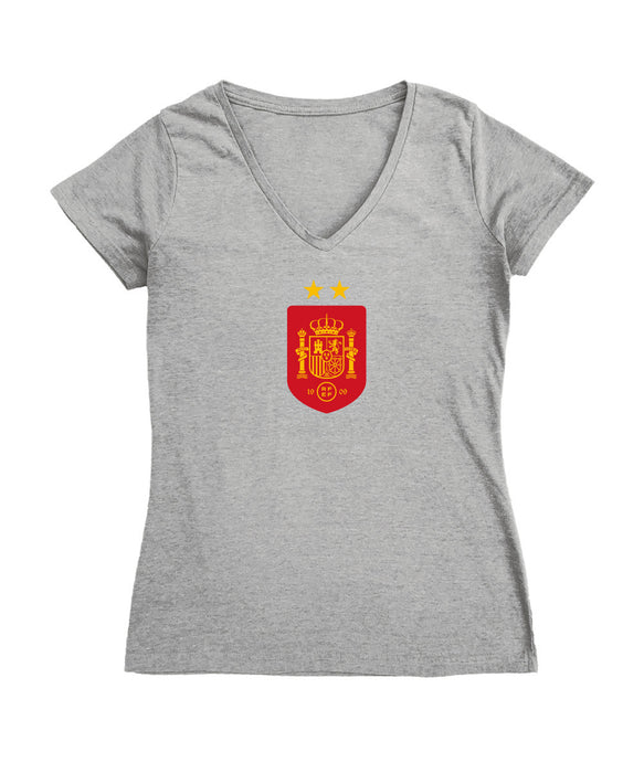 Spain National Team Women's V-neck Fitted Grey Cotton T-Shirt