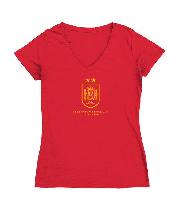 Spain National Team Women's V-neck Fitted Red Cotton T-Shirt
