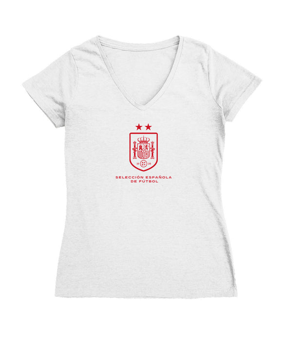Spain National Team Women's V-neck Fitted White Cotton T-Shirt