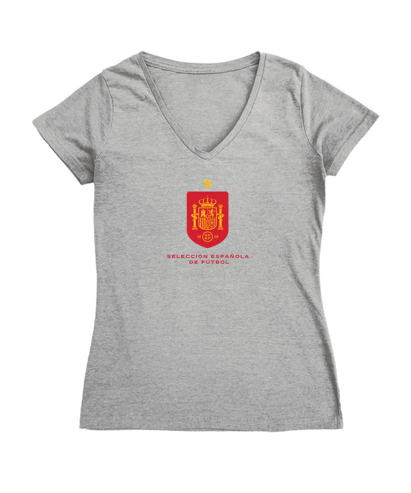 Spain National Team Women's V-neck Fitted Grey Cotton T-Shirt