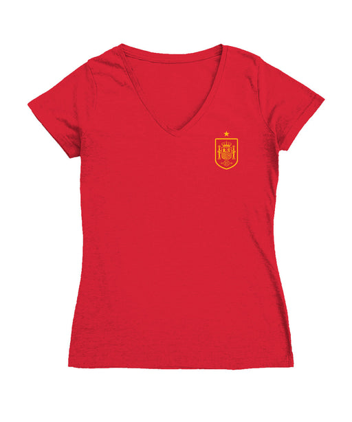 Spain National Team Women's V-neck Fitted Red Cotton T-Shirt