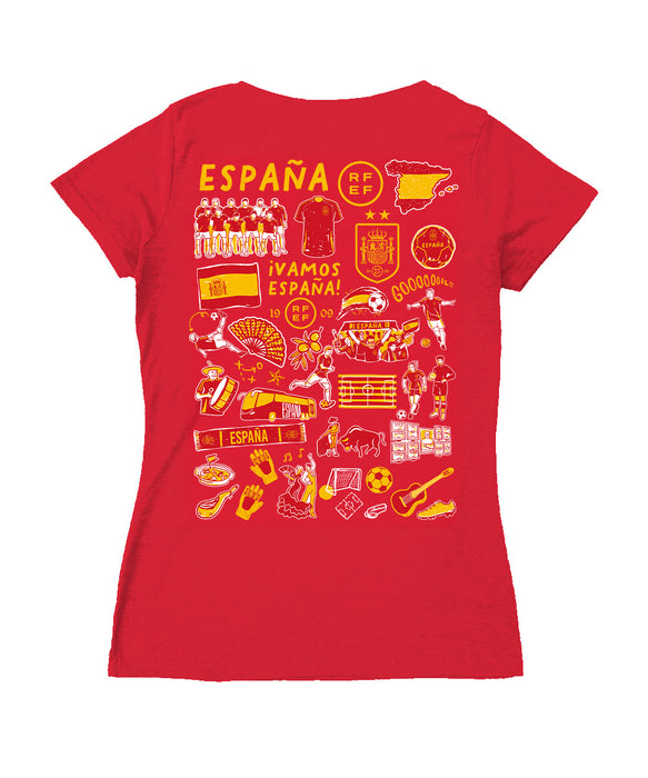 Spain National Team Women's V-neck Fitted Red Cotton T-Shirt