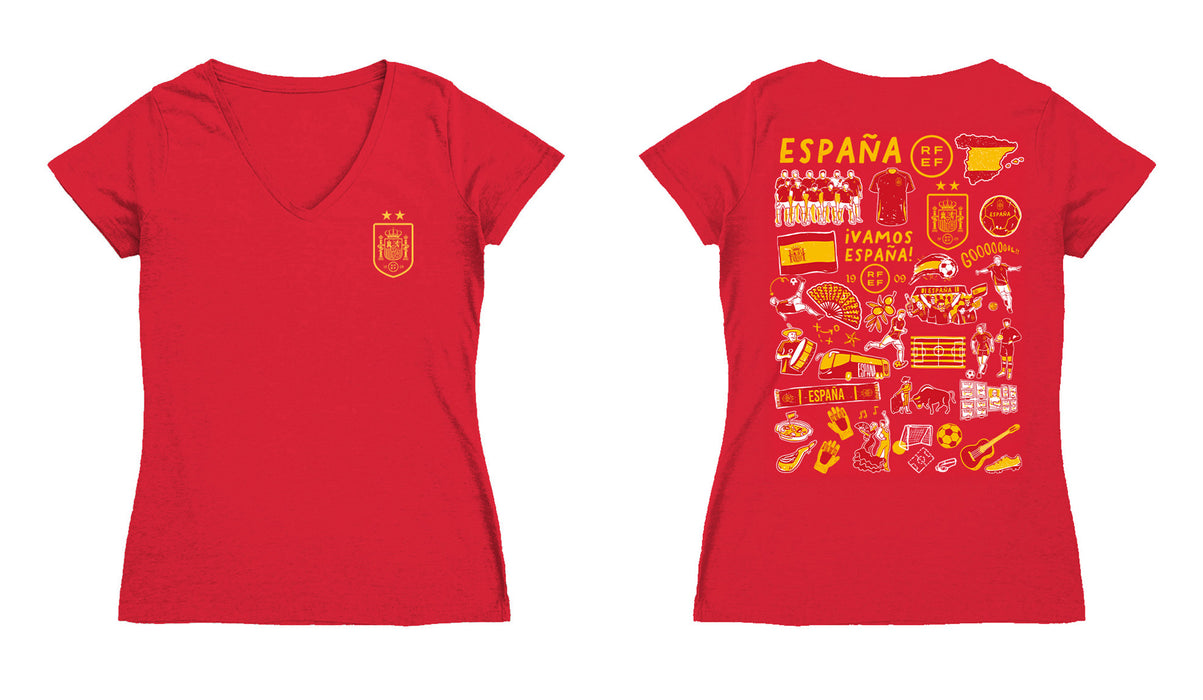 Spain National Team Women's V-neck Fitted Red Cotton T-Shirt