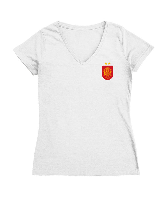 Spain National Team Women's V-neck Fitted White Cotton T-Shirt