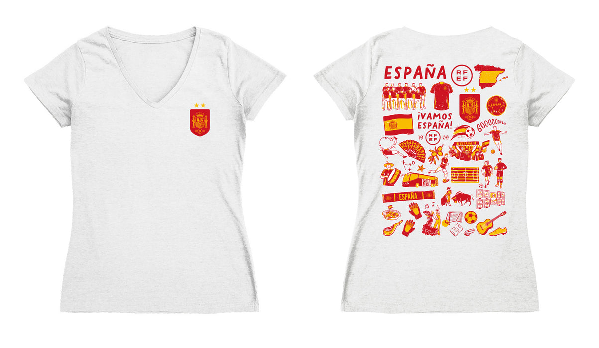 Spain National Team Women's V-neck Fitted White Cotton T-Shirt