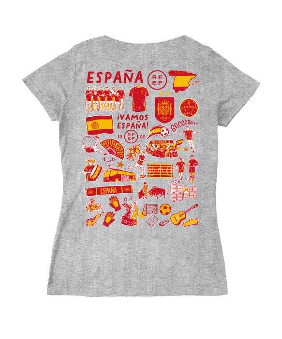 Spain National Team Women's V-neck Fitted Grey Cotton T-Shirt