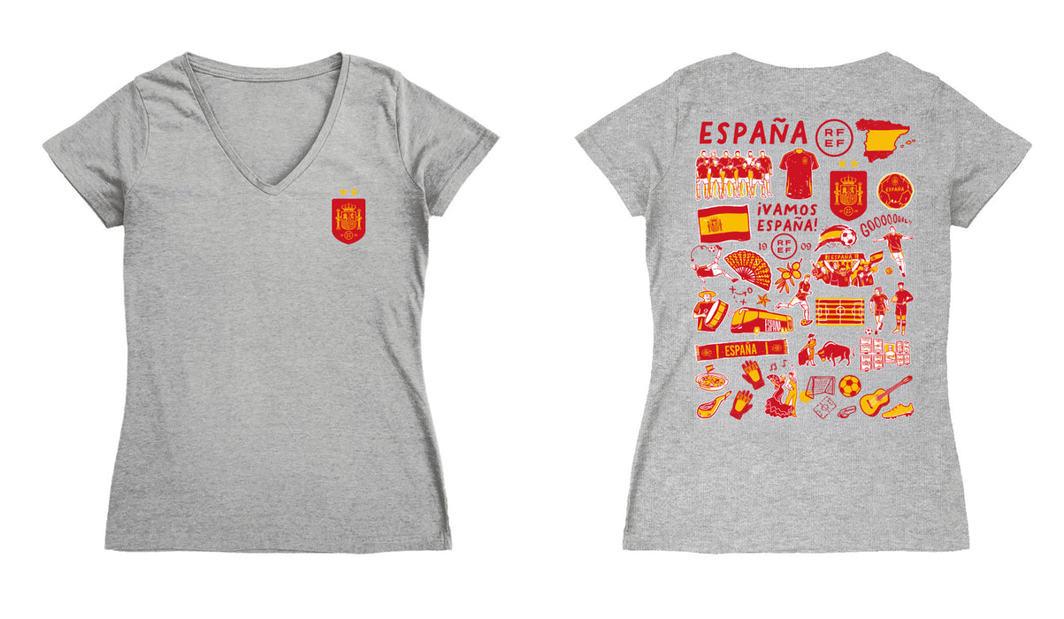 Spain National Team Women's V-neck Fitted Grey Cotton T-Shirt