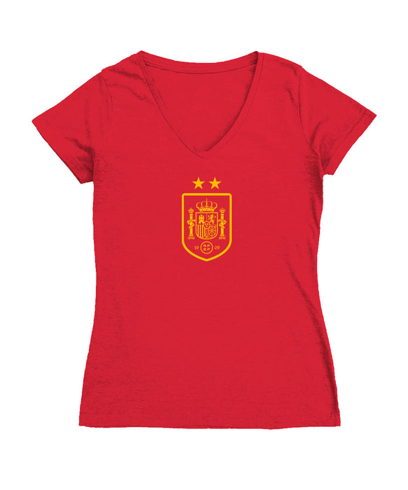 Spain National Team Women's V-neck Fitted Red Cotton T-Shirt