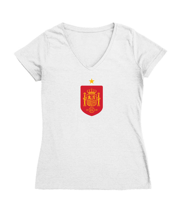 Spain National Team Women's V-neck Fitted White Cotton T-Shirt