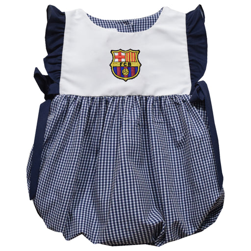 FC Barcelona Embroidered Navy Gingham Short Sleeve Girls Bubble