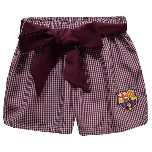FC Barcelona Embroidered Maroon Gingham Girls Short With Sash