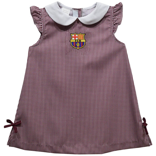 FC Barcelona Embroidered Maroon Gingham Peter Pan Collar A Line Dress